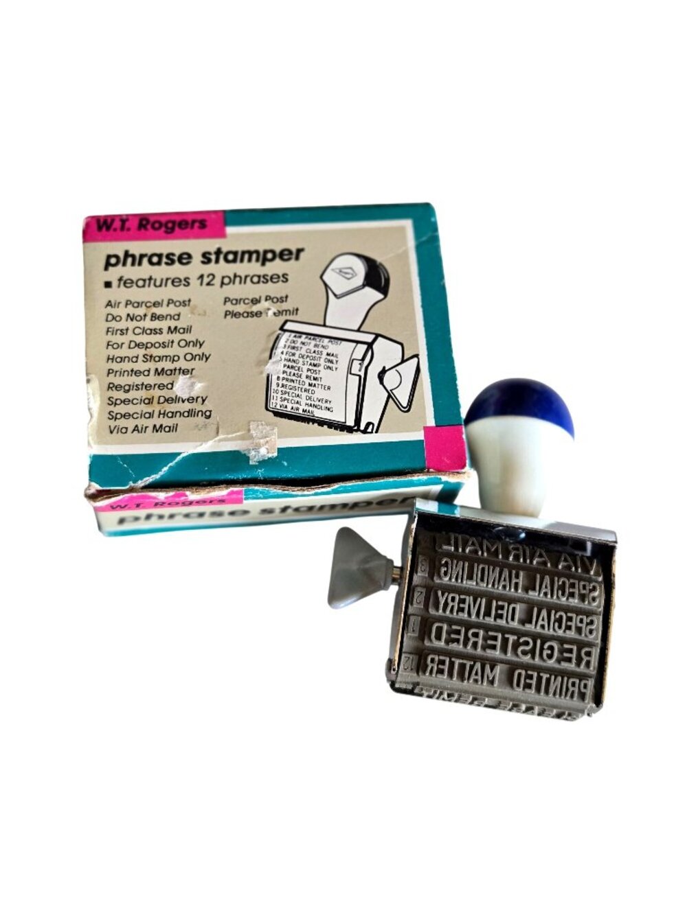 W.T. Rogers Phrase Stamper With 12 Phrases & Original Box - Model #4110 Vintage